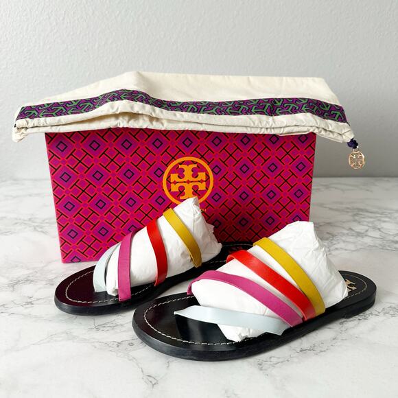 Tory Burch Patos Flat Multicolor Sandal Women’s Size 6 monark vachetta - Picture 1 of 9